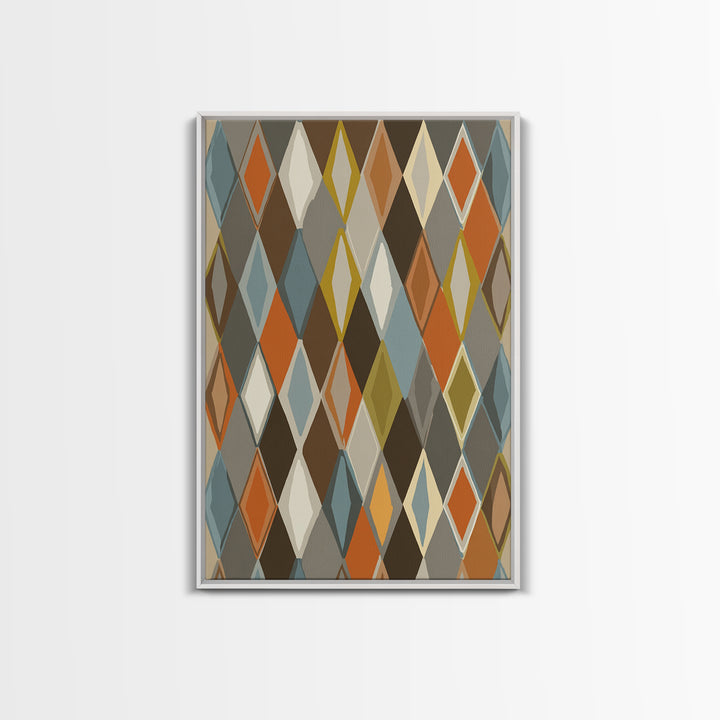 Earthy Argyle Diamond Pattern Framed Canvas Print, Mid Century Modern Wall Decor, Retro Geometric Abstract Art, Orange Blue