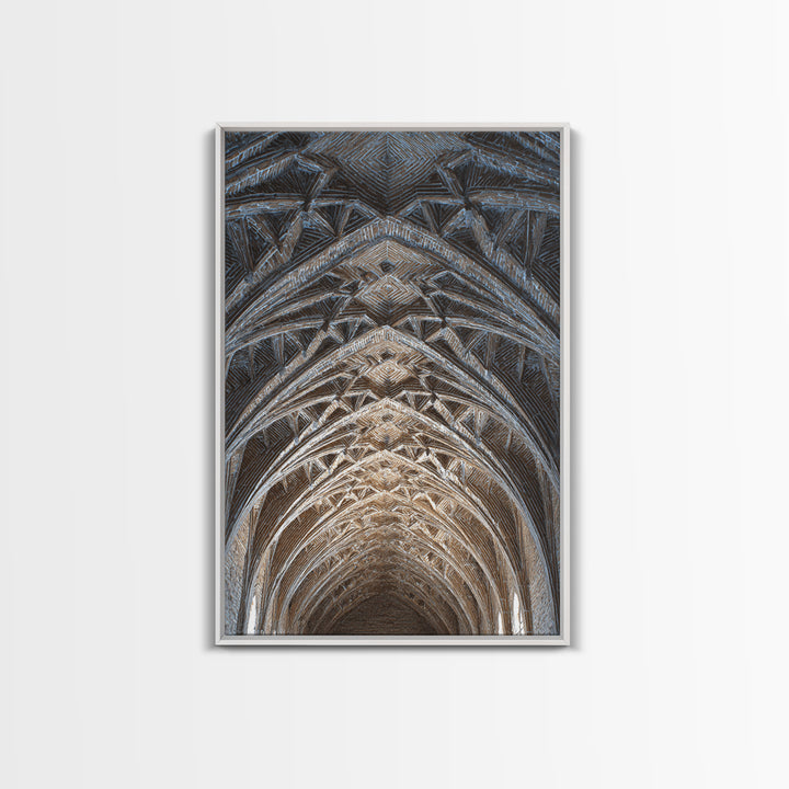 Gothic Vaulted Ceiling Architecture Wall Art, Cathedral Arches Perspective Print, Modern Geometric Decor, Blue Brown Tones