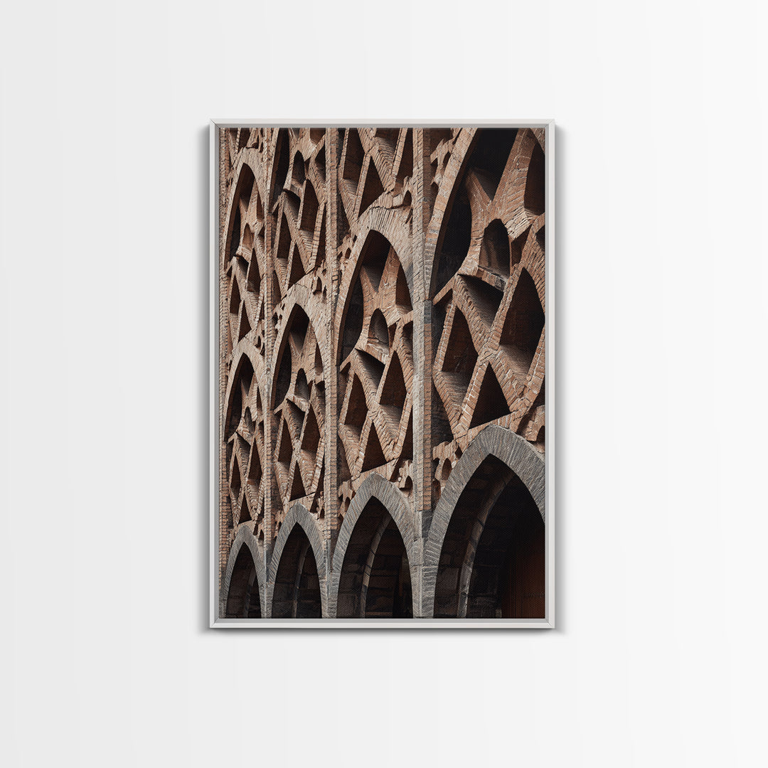 Brick Arch Facade Architecture Canvas Print, Geometric Gothic Arches Wall Decor, Modern Rustic Photo Art, Brown Black Texture