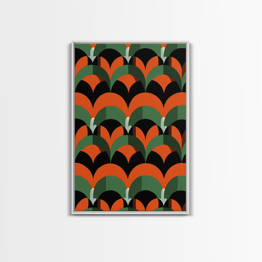 Orange Green Art Deco Fan Pattern Wall Art, Mid Century Modern Abstract Print, Retro Scallop Decor, Bold Black Canvas Home Decor