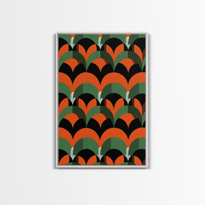 Orange Green Art Deco Fan Pattern Wall Art, Mid Century Modern Abstract Print, Retro Scallop Decor, Bold Black Canvas Home Decor
