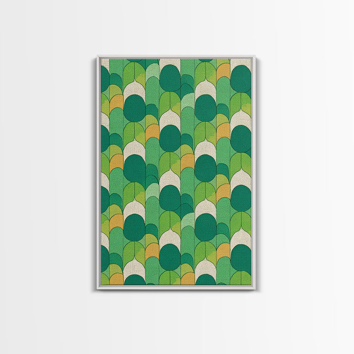 Green Botanical Oval Leaf Pattern Canvas Print, Mid Century Modern Wall Decor, Retro Nature Art, Textured Sage Teal Yellow