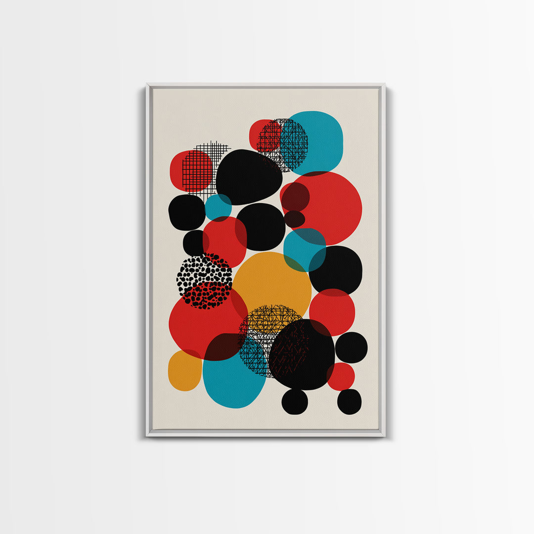 Red Teal Black Circle Cluster Canvas Print, Mid Century Modern Abstract Art, Retro Geometric Wall Decor, Mustard Cream Poster