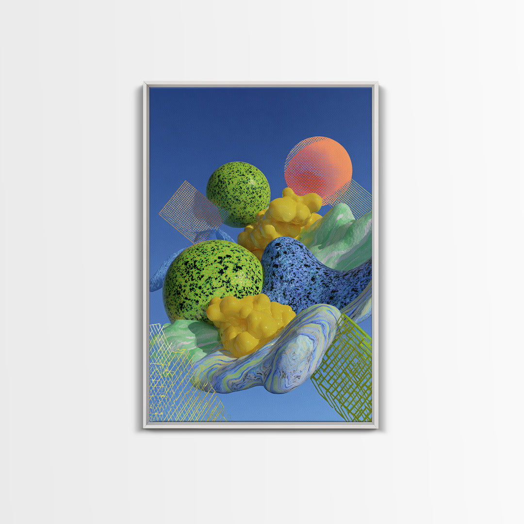 Surreal Speckled Planets And Mesh Mountains Canvas Print, Bright Midcentury Modern Abstract Wall Decor, Colorful Retro Art