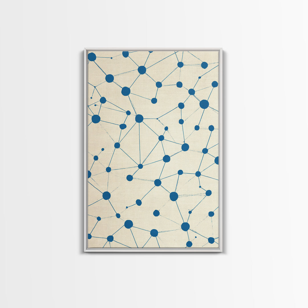 Blue Constellation Dot Pattern Canvas Print, Midcentury Modern Geometric Wall Art, Minimal Abstract Linen Home Office Decor