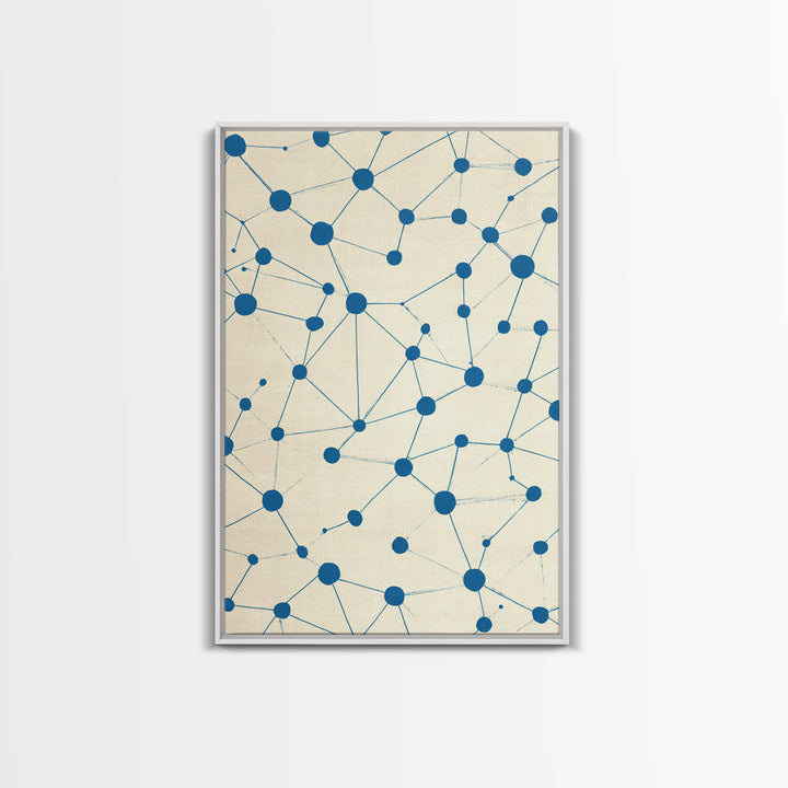 Blue Constellation Dot Pattern Canvas Print, Midcentury Modern Geometric Wall Art, Minimal Abstract Linen Home Office Decor