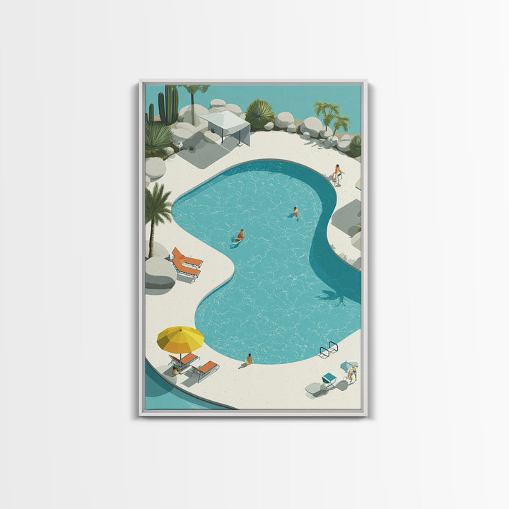 Aerial Desert Pool With Palms Wall Art, Midcentury Modern Palm Springs Print, Retro Vacation Resort Living Room Home Decor