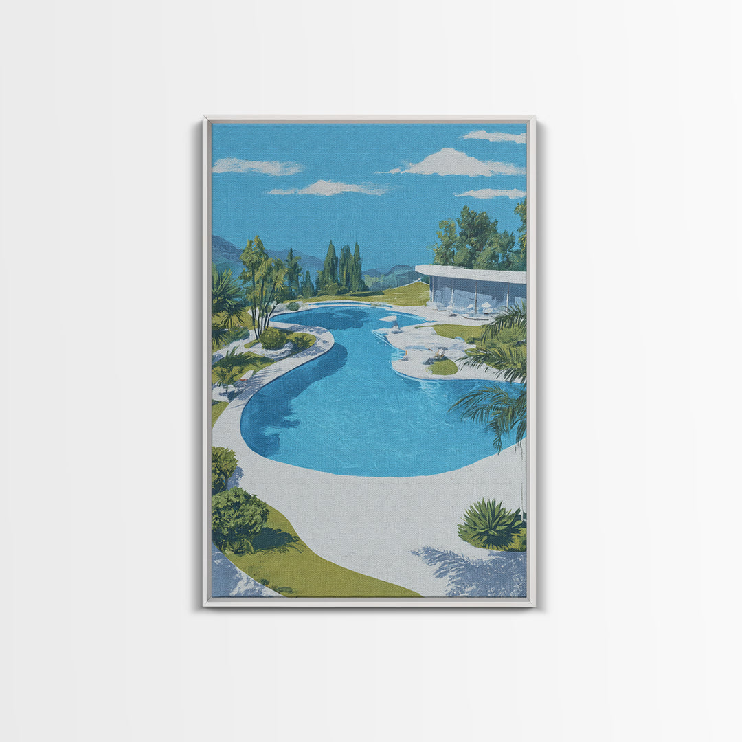 Midcentury Pool And Glass House Landscape Canvas Print, Palm Springs Modern Wall Art, Retro Architecture Living Room Home Decor