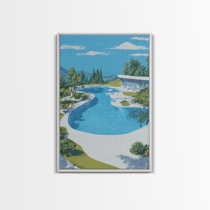 Midcentury Pool And Glass House Landscape Canvas Print, Palm Springs Modern Wall Art, Retro Architecture Living Room Home Decor