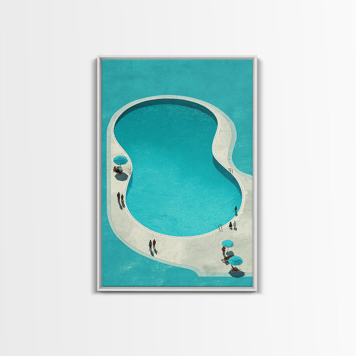 Minimal Turquoise Resort Pool Framed Canvas Print, Midcentury Modern Wall Art, Palm Springs Retro Travel Poster Living Room Decor