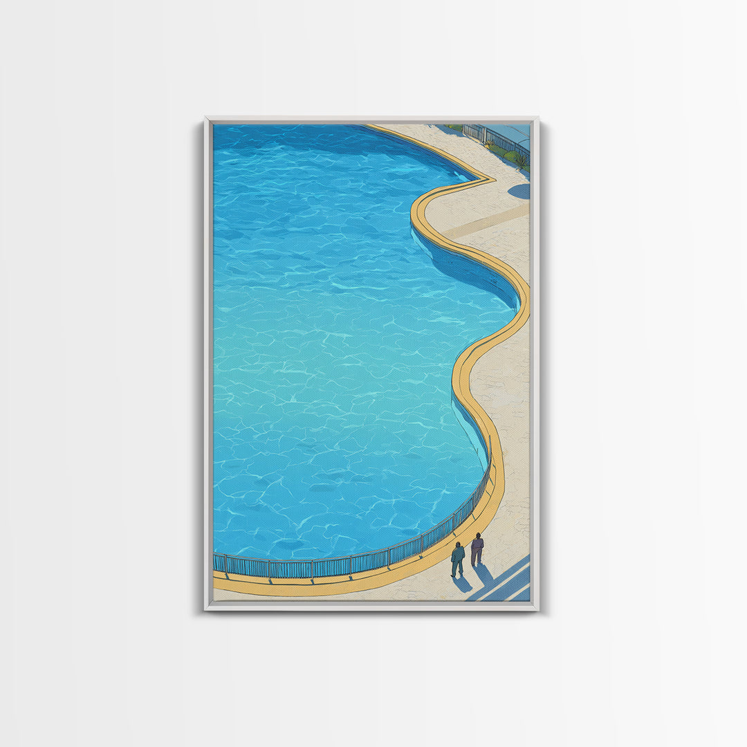 Curved Blue Swimming Pool Wall Art, Midcentury Modern Coastal Resort Print, Minimal Summer Travel Living Room Home Decor