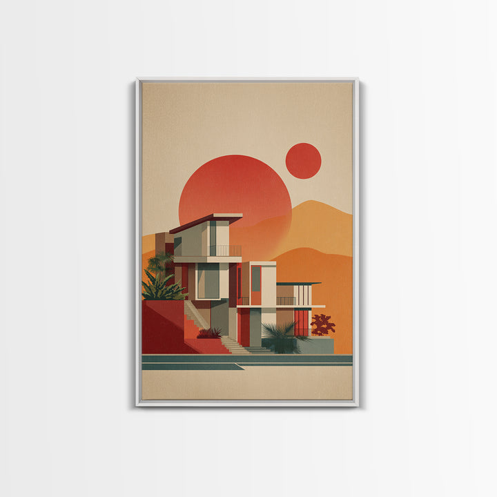 Desert Modernist House With Red Sun Wall Art, Mid Century Modern Poster, Retro Palm Springs Decor, Architectural Art Print
