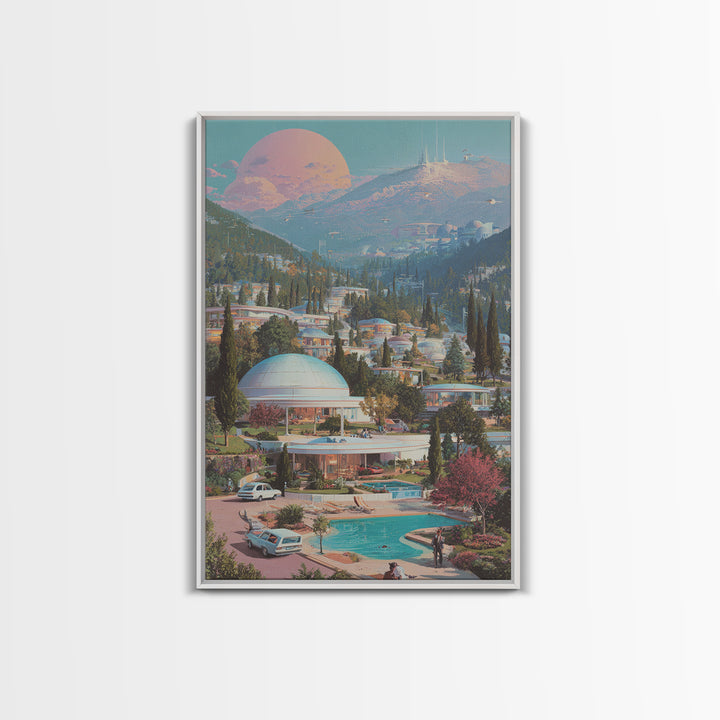 Futuristic Mountain Resort With Pink Moon Wall Art, Midcentury Modern Sci Fi Poster, Retro Travel Print, Scenic Home Decor