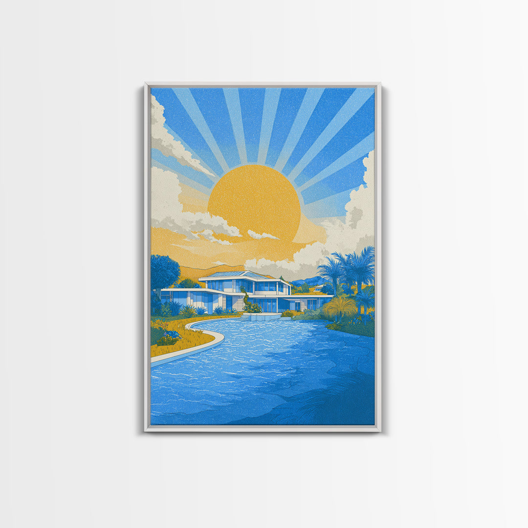 Blue Poolside Modern House With Sun Rays Framed Canvas Print, Mid Century Modern Wall Art, Tropical Palm Springs Decor Poster
