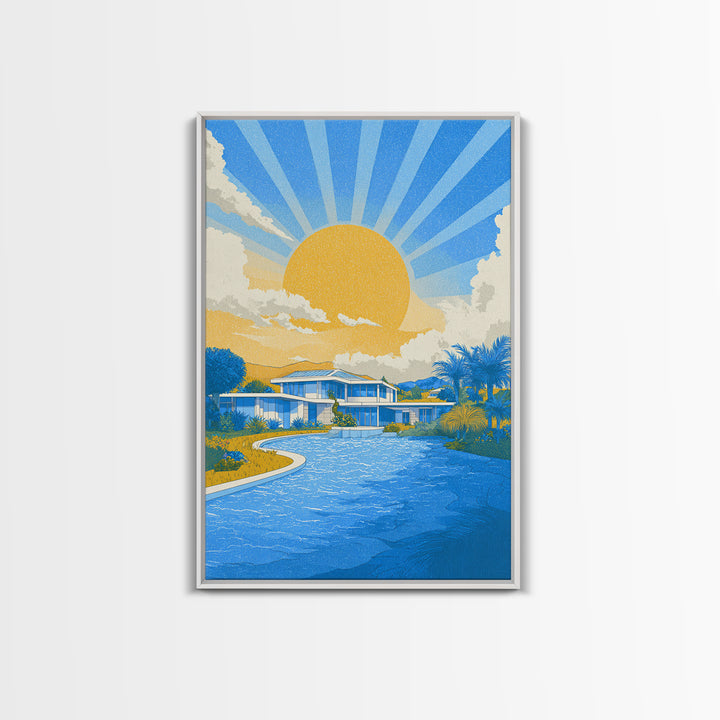 Blue Poolside Modern House With Sun Rays Framed Canvas Print, Mid Century Modern Wall Art, Tropical Palm Springs Decor Poster