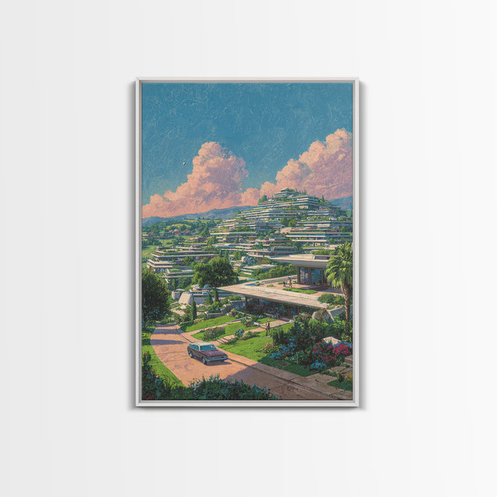 Terraced Hillside Utopia With Pink Clouds Wall Art, Midcentury Modern Architecture Poster, Colorful Landscape Home Decor