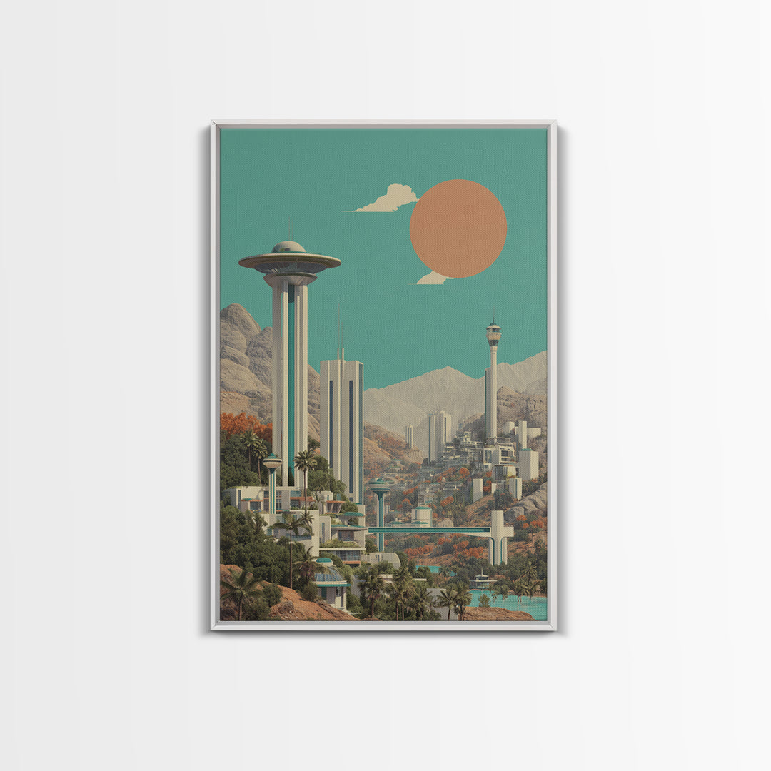 Futuristic Desert City With Saucer Tower Canvas Print, Midcentury Modern Wall Art, Sci Fi Retro Travel Poster Home Decor