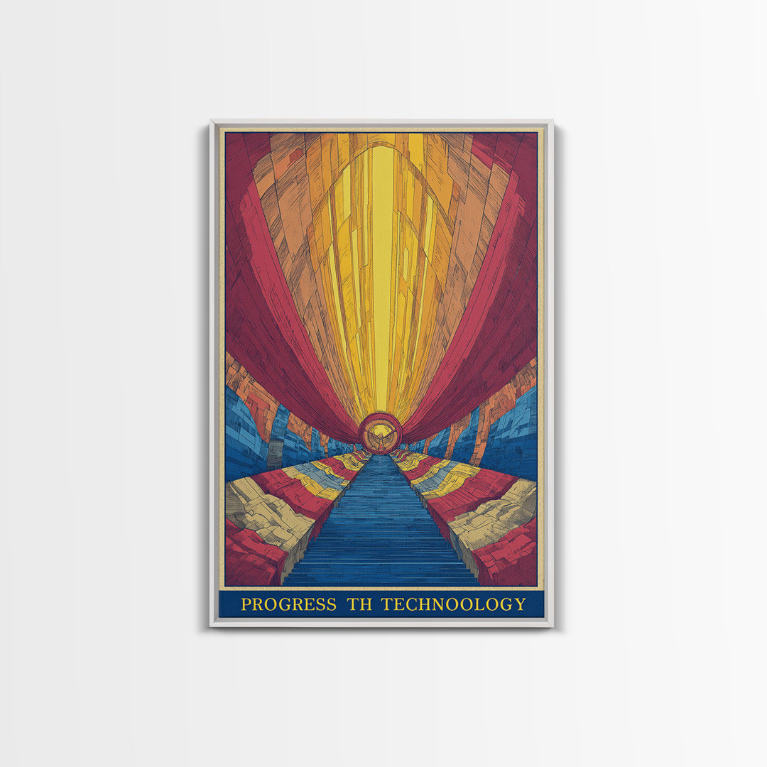 Glowing Futurist Technology Tunnel Wall Art, Retro Sci Fi Poster, Modern Abstract Art Print, Colorful Geometric Home Decor