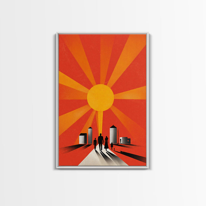 Family Silhouettes Walking Toward Sun Wall Art, Midcentury Modern Poster, Orange Retro Abstract Print, Inspirational Decor