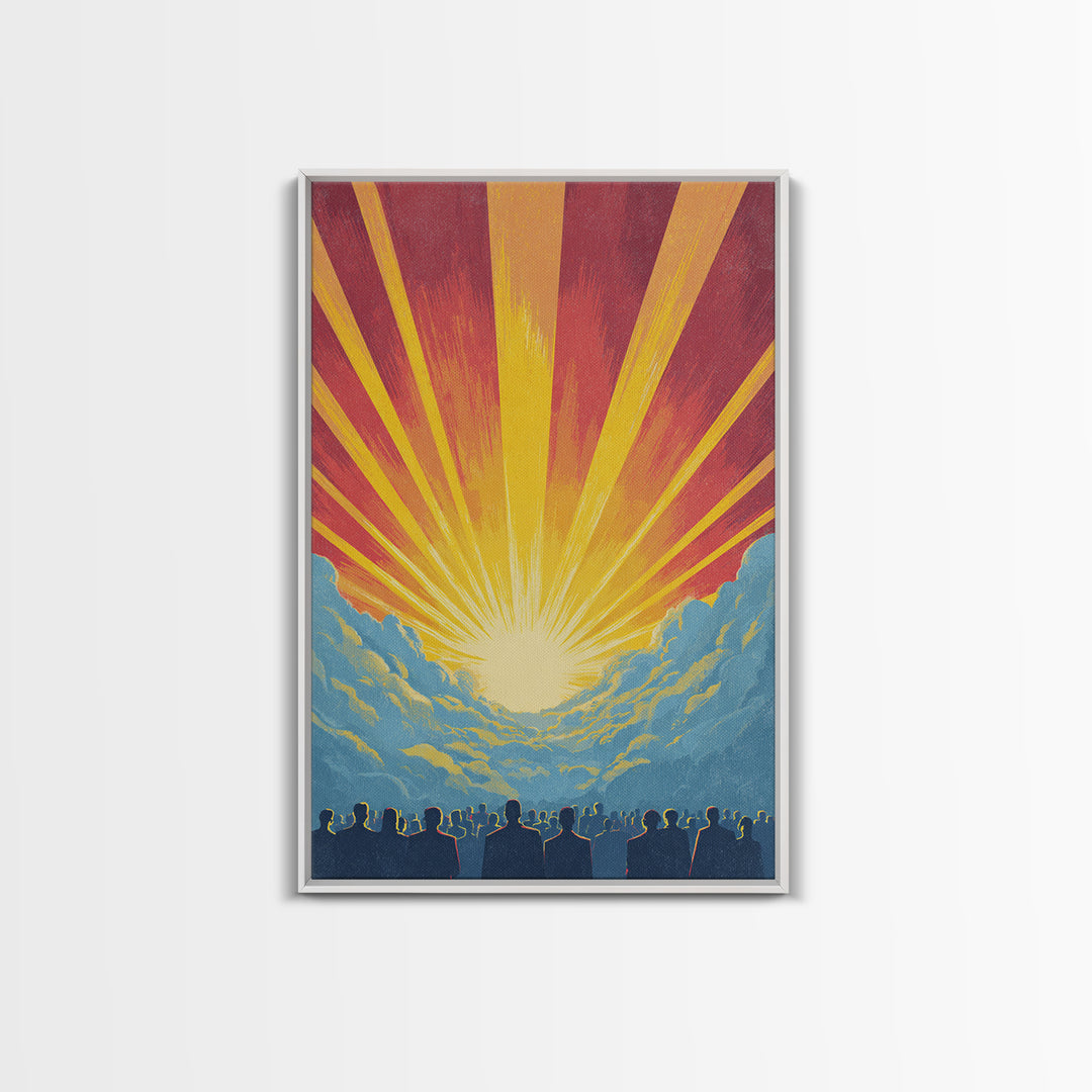 Radiant Sunrise Over Crowd Silhouette Canvas Print, Retro Sci Fi Wall Art, Inspirational Sun Poster, Colorful Home Decor