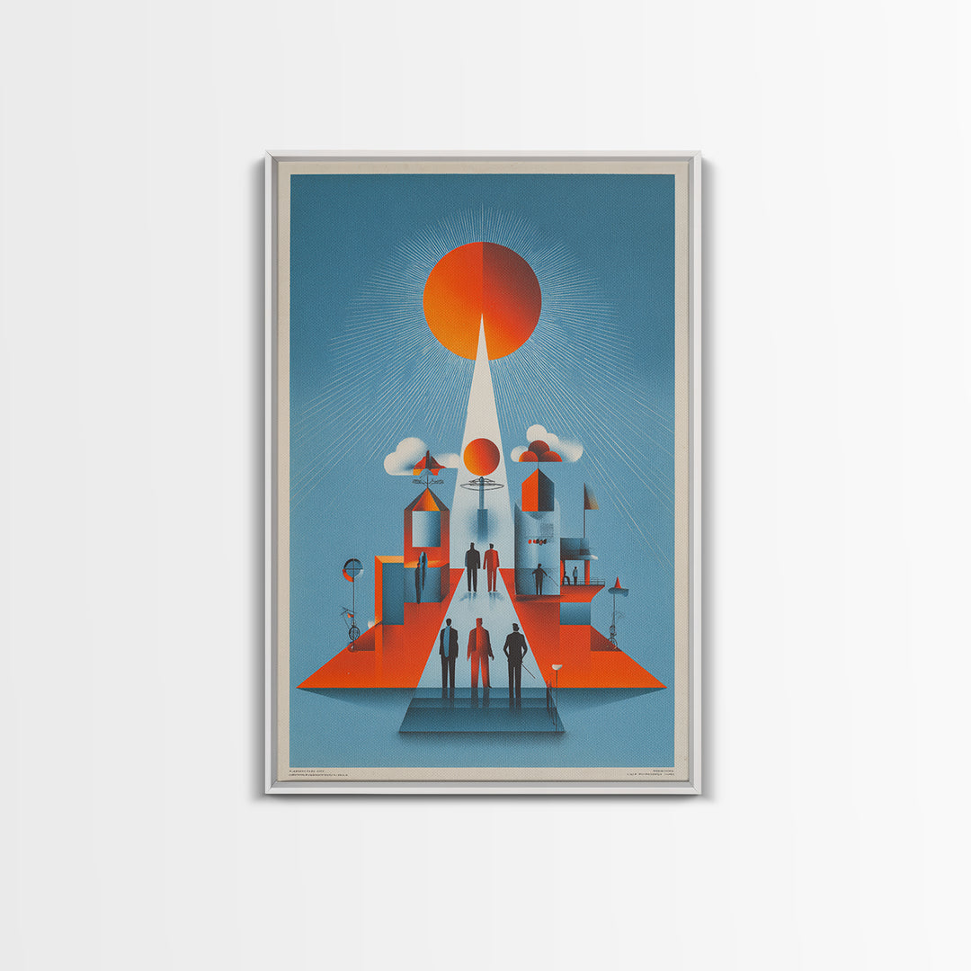 Futuristic Orange Sun City Wall Art, Midcentury Modern Art Print, Retro Geometric Poster, MCM Living Room Decor, Bold Blue Orange