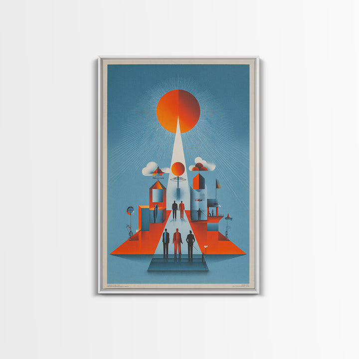 Futuristic Orange Sun City Wall Art, Midcentury Modern Art Print, Retro Geometric Poster, MCM Living Room Decor, Bold Blue Orange