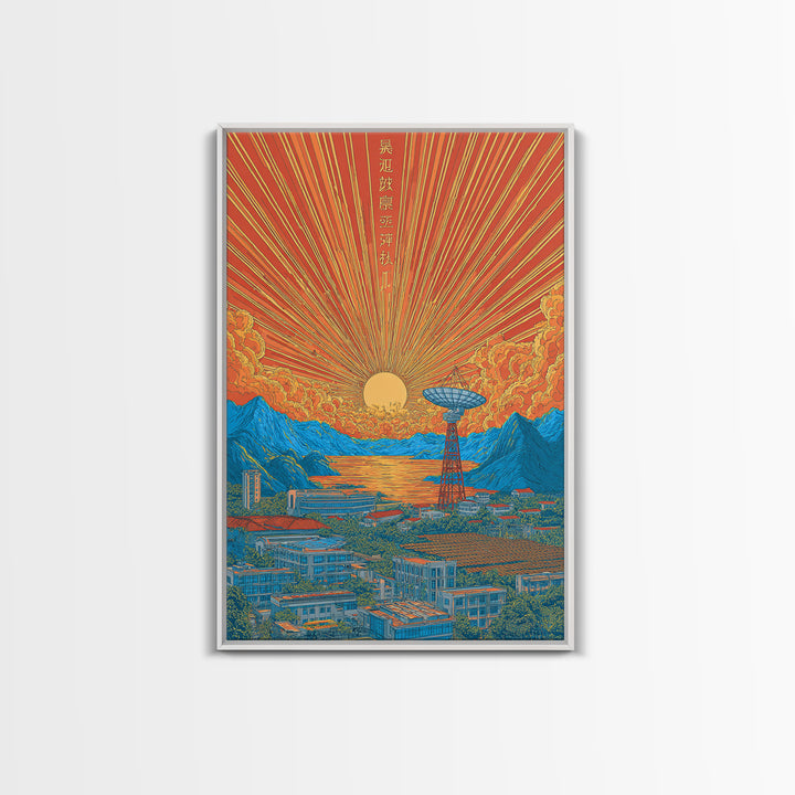Japanese Sunrise Mountain Valley Canvas Print, Retro Travel Poster, Orange Blue Landscape Wall Decor, Midcentury Modern Art