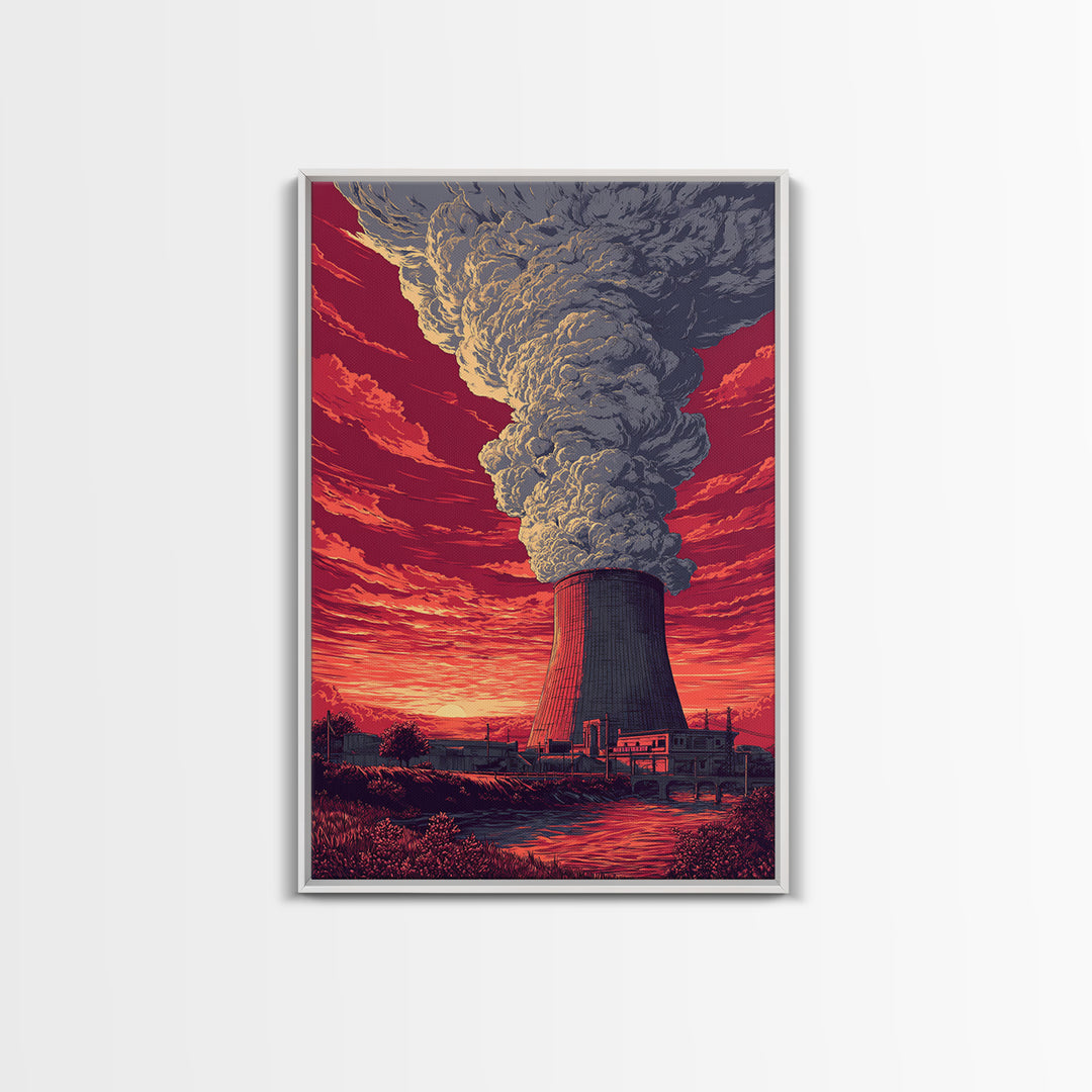 Dramatic Nuclear Cooling Tower Wall Art, Red Sunset Industrial Poster, Retro Sci Fi Landscape Print, Statement Home Decor