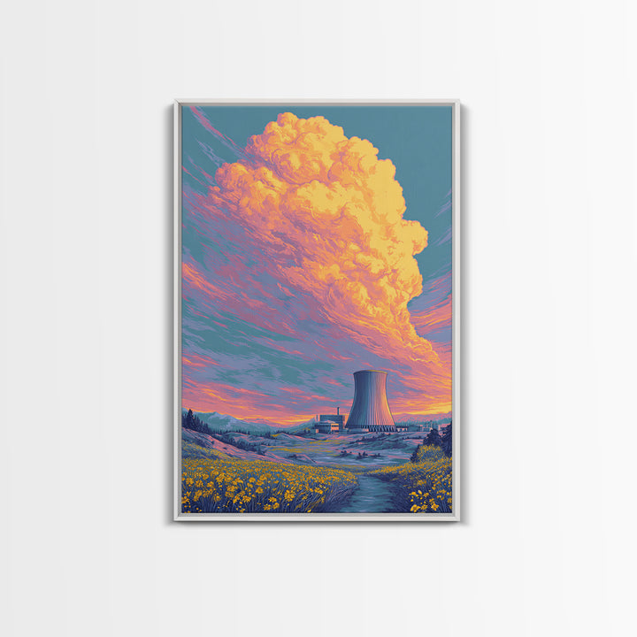 Pastel Nuclear Plant With Flower Field Wall Art, Scenic Landscape Poster, Colorful Modern Home Decor, Retro Art Print, Gift
