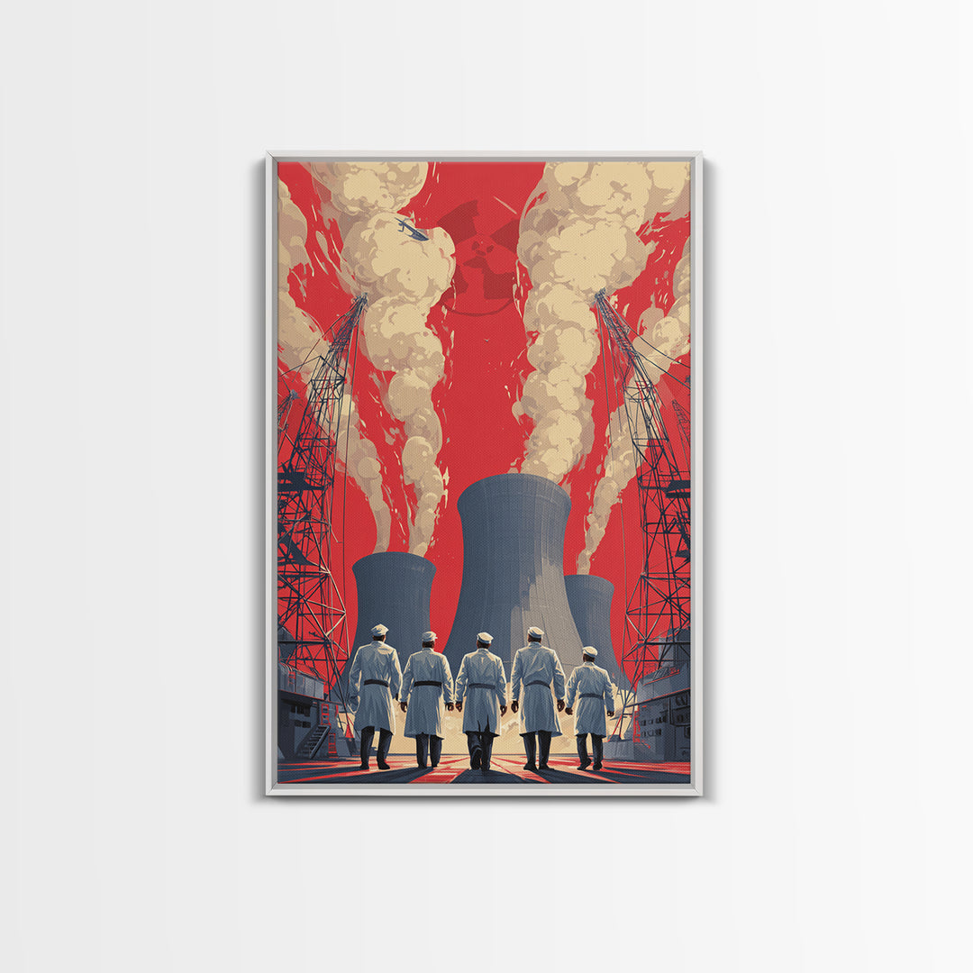 Nuclear Plant Workers Under Red Sky Framed Canvas Print, Industrial Wall Art, Retro Sci Fi Poster, Bold Statement Home Decor