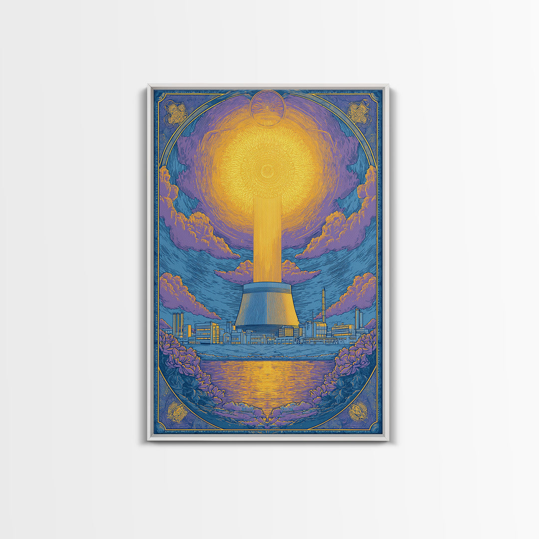 Ornate Radiant Nuclear Tower Wall Art, Art Nouveau Industrial Poster, Blue Gold Scenic Print, Spiritual Modern Statement Decor