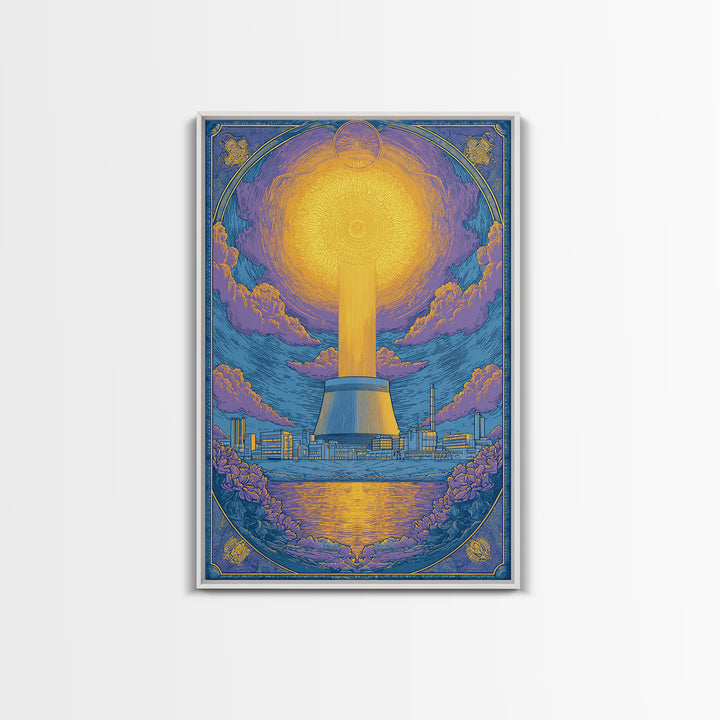 Ornate Radiant Nuclear Tower Wall Art, Art Nouveau Industrial Poster, Blue Gold Scenic Print, Spiritual Modern Statement Decor