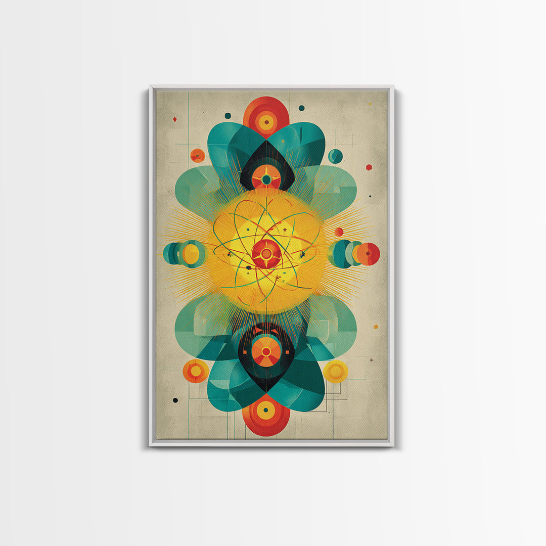 Atomic Flower Geometry Canvas Print, Midcentury Modern Abstract Art, Colorful Geometric Wall Decor, Retro Bauhaus Poster