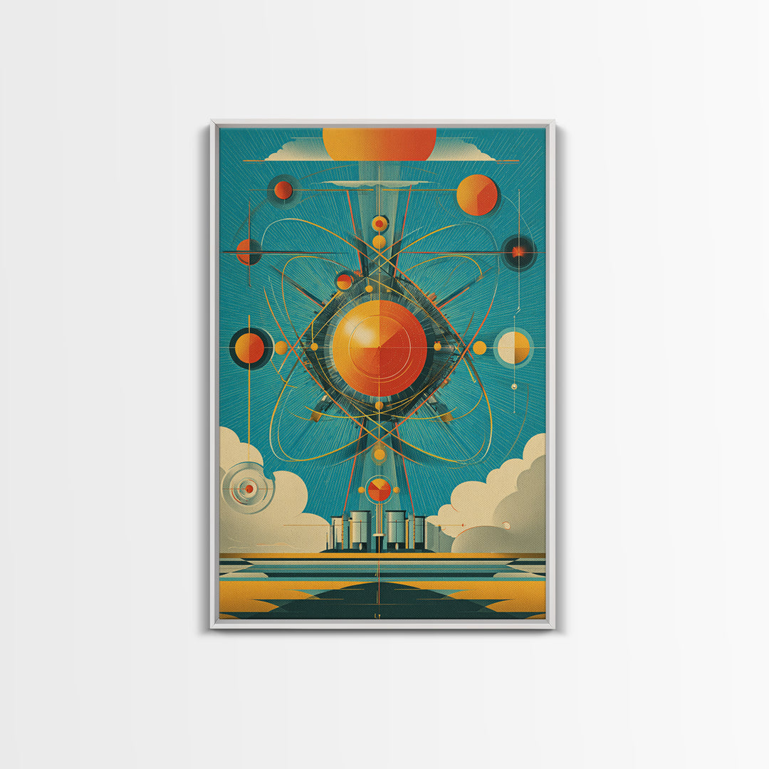 Atomic Orange Sun Orbit Wall Art, Midcentury Modern Abstract Space Poster, Teal Retro Geometric Decor, MCM Canvas Gift, Home Decor