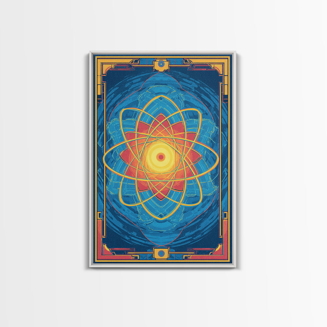 Radiant Atomic Mandala Framed Canvas Print, Midcentury Modern Art, Blue Geometric Wall Decor, Retro Sci Fi Home Poster Gift