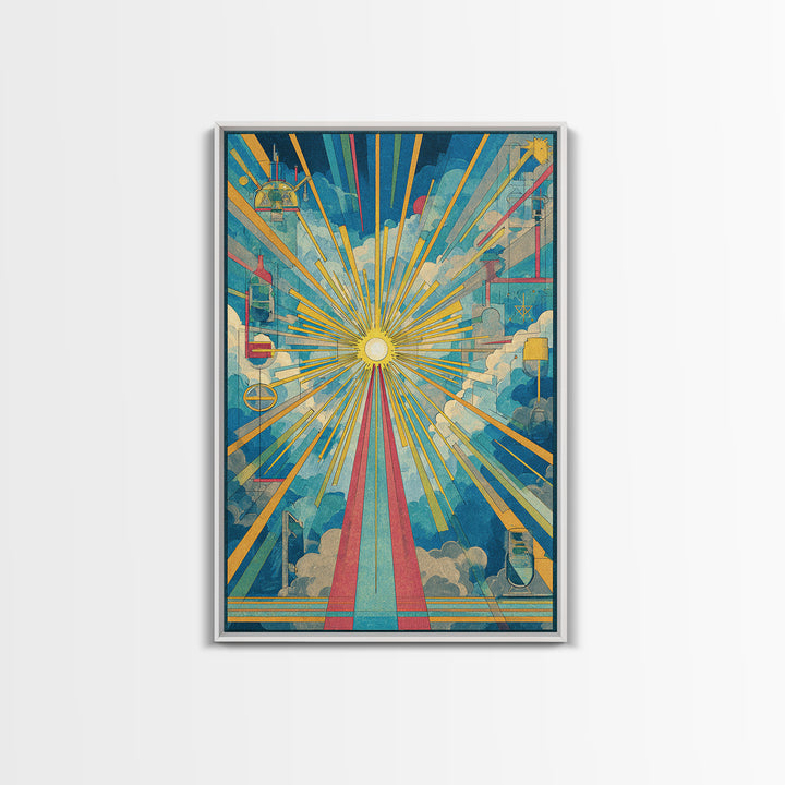 Radiant Cloud Cathedral Canvas Print, Midcentury Modern Sun Rays Poster, Colorful Geometric Sky Wall Art, Retro Home Decor