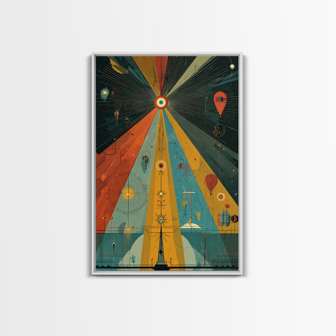 Prismatic Cosmic Beams Wall Art, Midcentury Modern Abstract Space Poster, Retro Geometric Sci Fi Decor, Colorful MCM Print