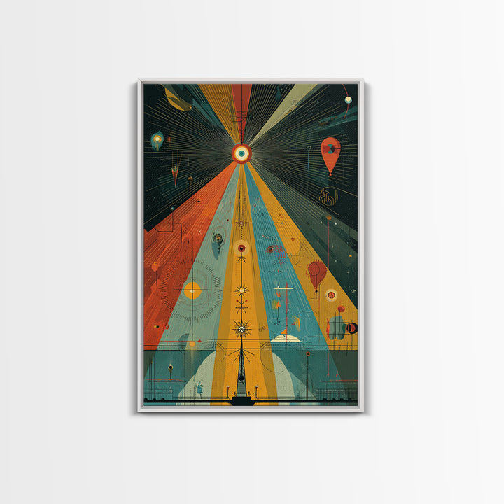 Prismatic Cosmic Beams Wall Art, Midcentury Modern Abstract Space Poster, Retro Geometric Sci Fi Decor, Colorful MCM Print
