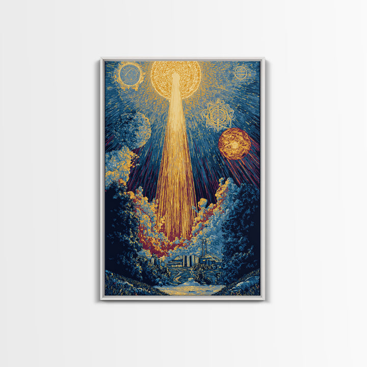 Golden Celestial Beam Canvas Print, Modern Abstract Art, Cosmic Sun Landscape Poster, Blue Yellow Wall Decor, Spiritual Gift