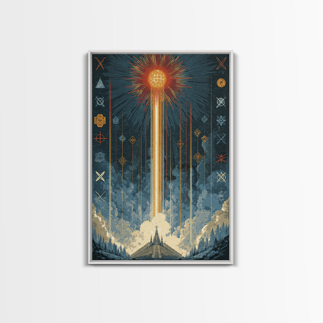 Mystic Rocket Launch Wall Art, Midcentury Modern Space Poster, Celestial Sunburst Landscape, Retro Sci Fi Office Decor Print