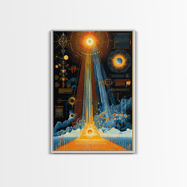 Illuminated Cosmic Diagram Framed Canvas Print, Midcentury Modern Abstract Space Art, Retro Sci Fi Wall Decor, MCM Poster