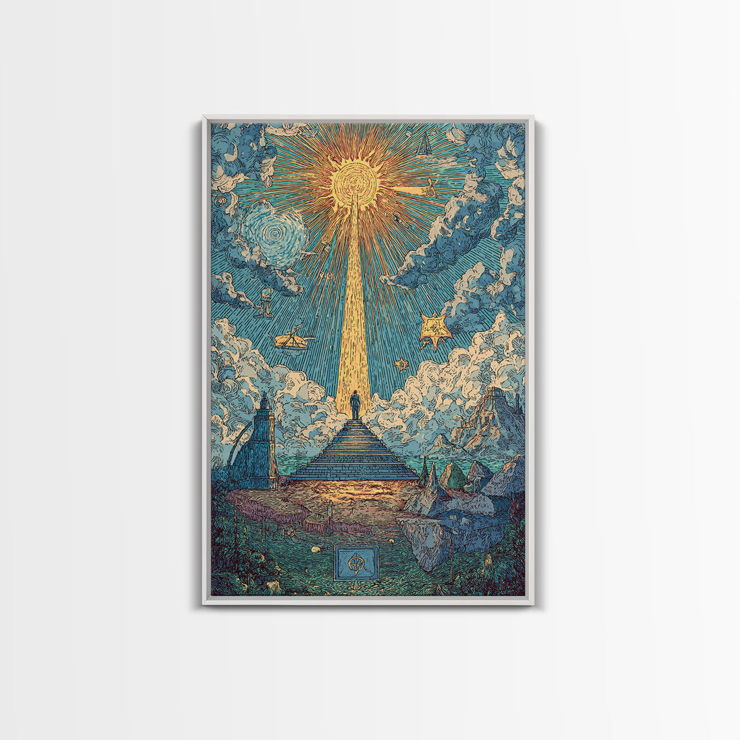 Stairway To Radiant Sun Wall Art, Modern Celestial Landscape Poster, Blue Cloud Fantasy Print, Spiritual Home Office Decor
