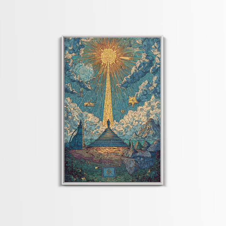 Stairway To Radiant Sun Wall Art, Modern Celestial Landscape Poster, Blue Cloud Fantasy Print, Spiritual Home Office Decor