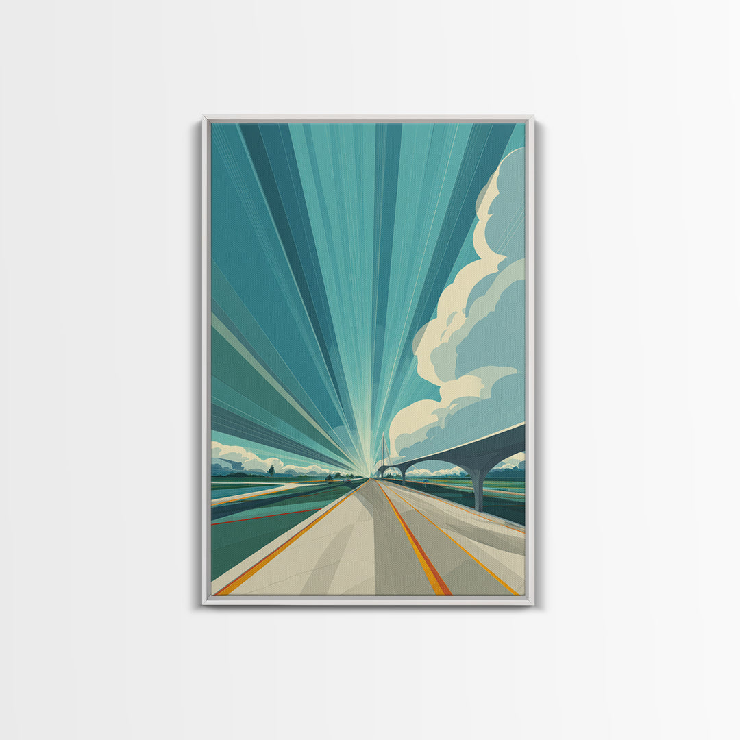 Futuristic Highway Light Rays Wall Art, Retro Modern Poster, Architectural Art, Travel Wall Art, Blue Geometric Office Decor