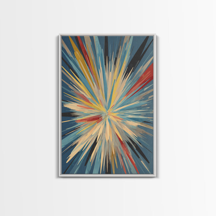 Exploding Abstract Starburst Canvas Print, Modern Wall Art, Colorful Geometric Poster, Blue Red Yellow Midcentury Decor Gift