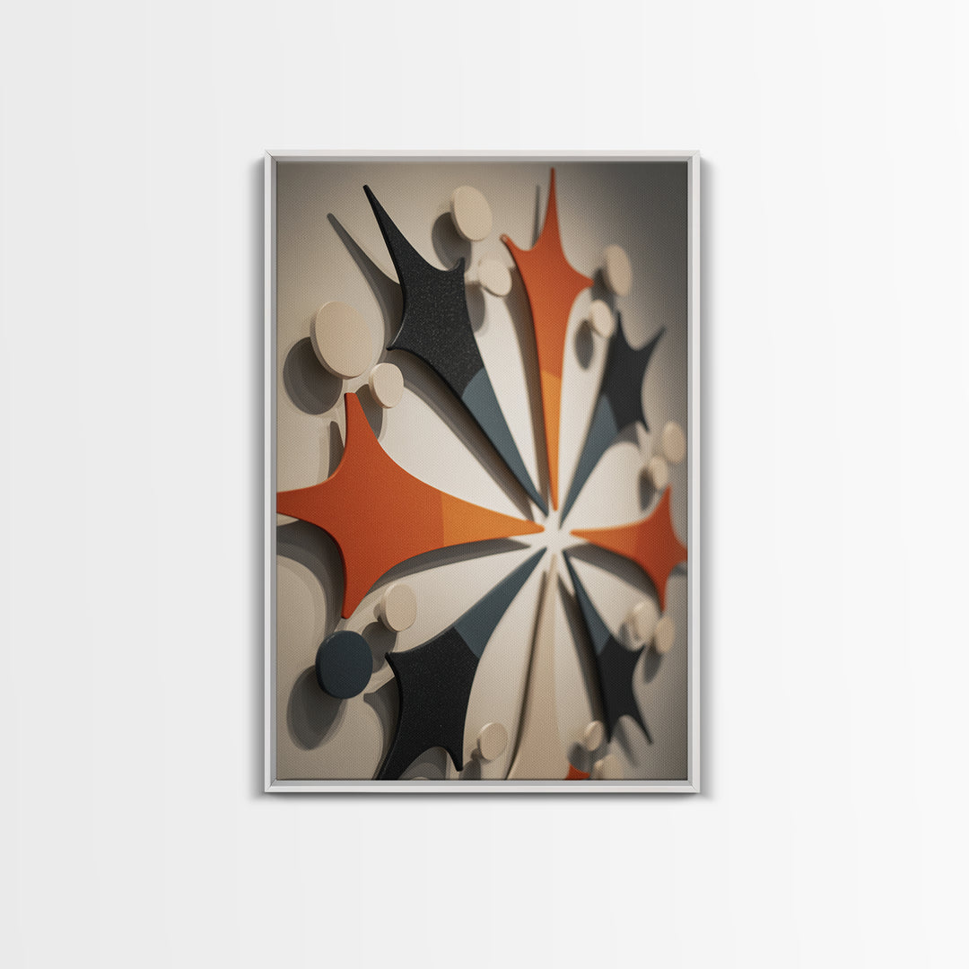 Orange Black Atomic Boomerang Wall Art, Midcentury Modern Decor, Geometric Retro Sculpture Canvas Print, MCM Gallery Poster