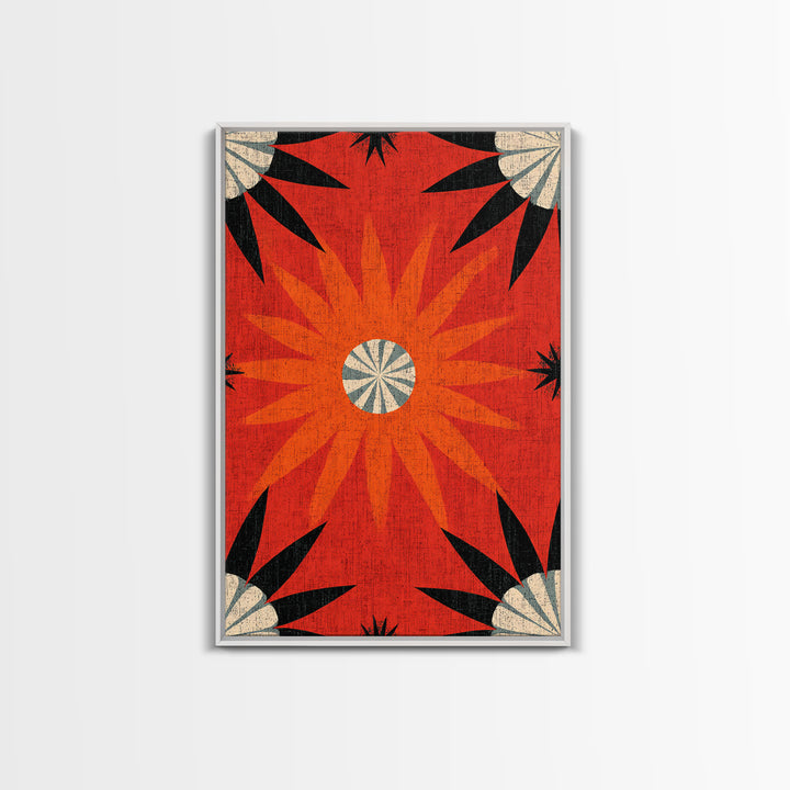 Orange Atomic Sunburst Pattern Wall Art, Midcentury Modern Print, Retro 70s Decor, Geometric Textile Style Bold MCM Poster