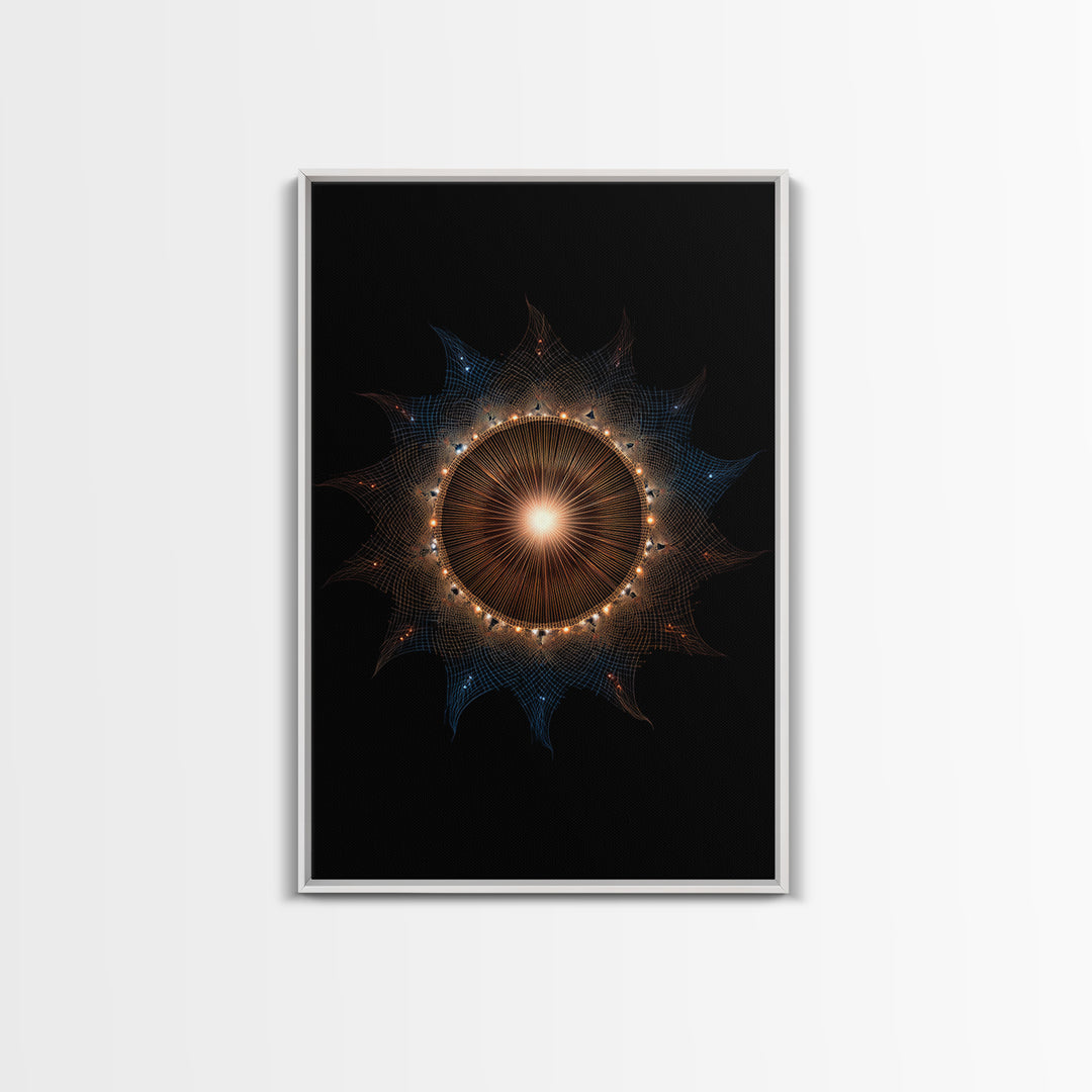 Glowing Eclipse Mandala Wall Art, Modern Abstract Art Print, Cosmic Geometric MCM Decor, Orange Blue Framed Canvas Print