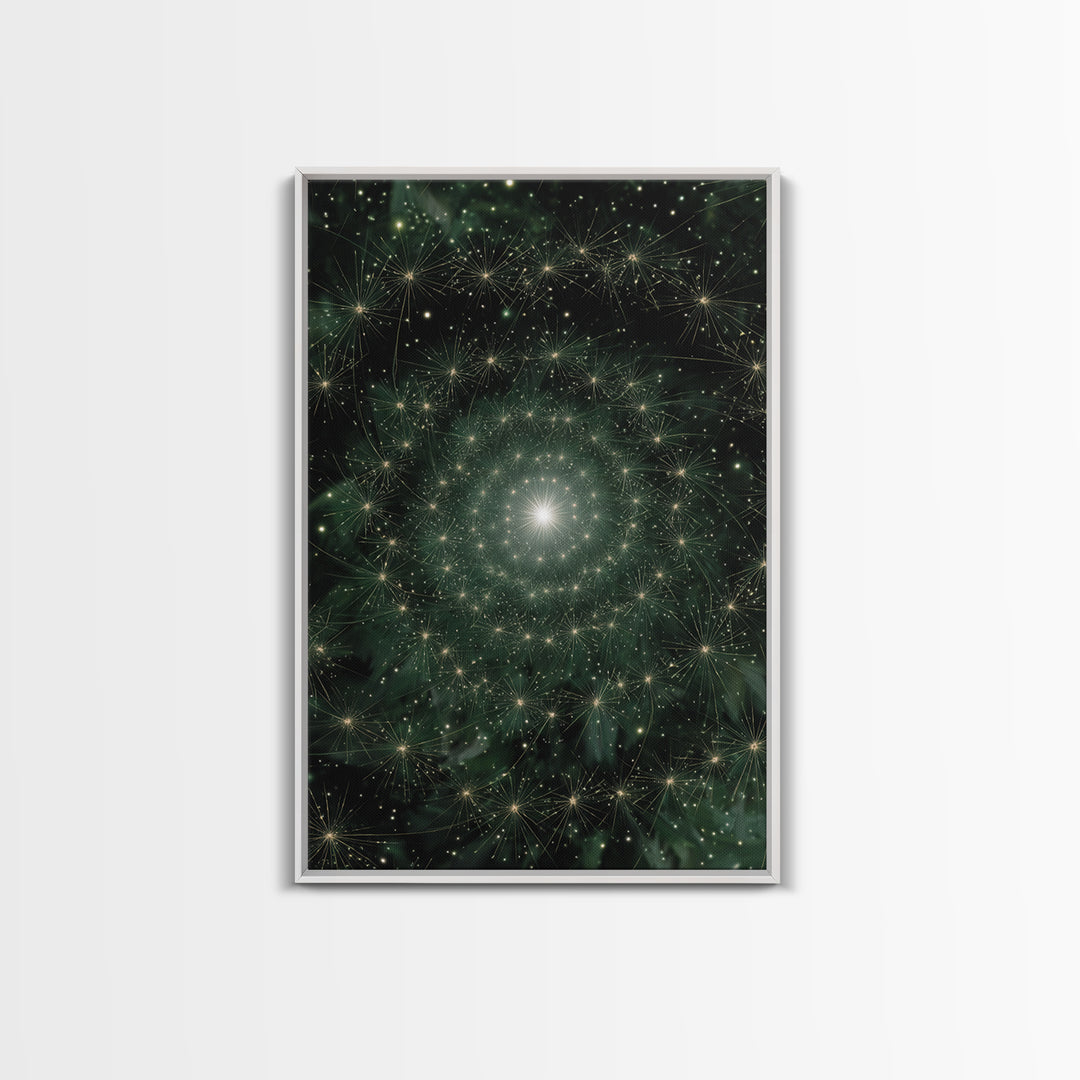 Green Celestial Dandelion Starfield Wall Art, Modern Abstract Art Print, Nature Space Decor, Botanical Canvas Print Poster