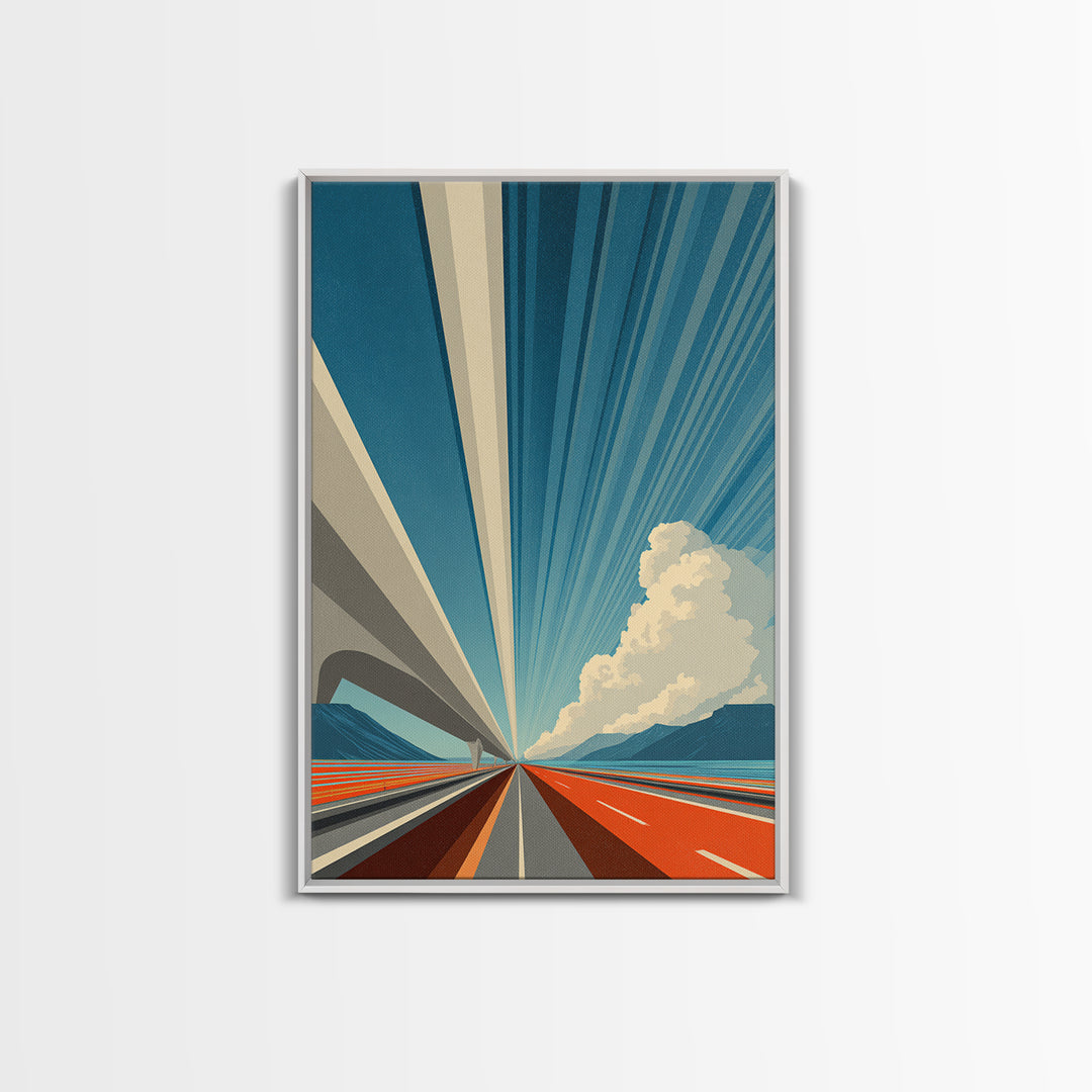 Orange Coastal Highway Perspective Canvas Print, Retro Modern Poster, Architectural Art, Blue Wall Art, Travel Office Decor